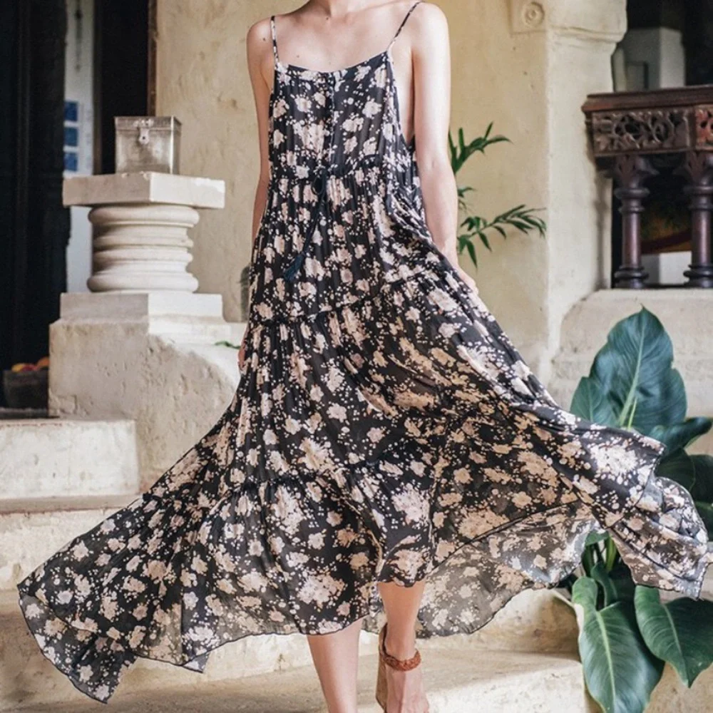 Spell Black Floral Tiered Maxi Dress with Cream Blooms - Picture 2 of 8